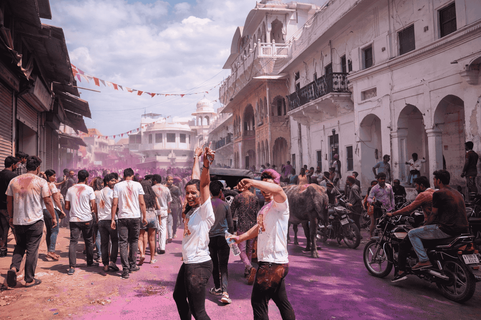 Group of travelers participating in Pushkar Holi festival festivities